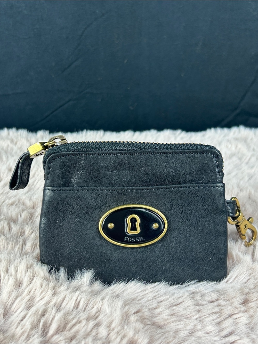 Fossil Black Leather Key Per Zip Coin Purse Card Holder ID Wallet EUC